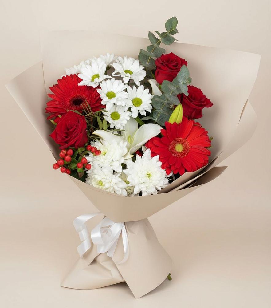 Букет цветов из: Розы, Хризантемы, Герберы и Лилии в Поселке Учхоза Александрова