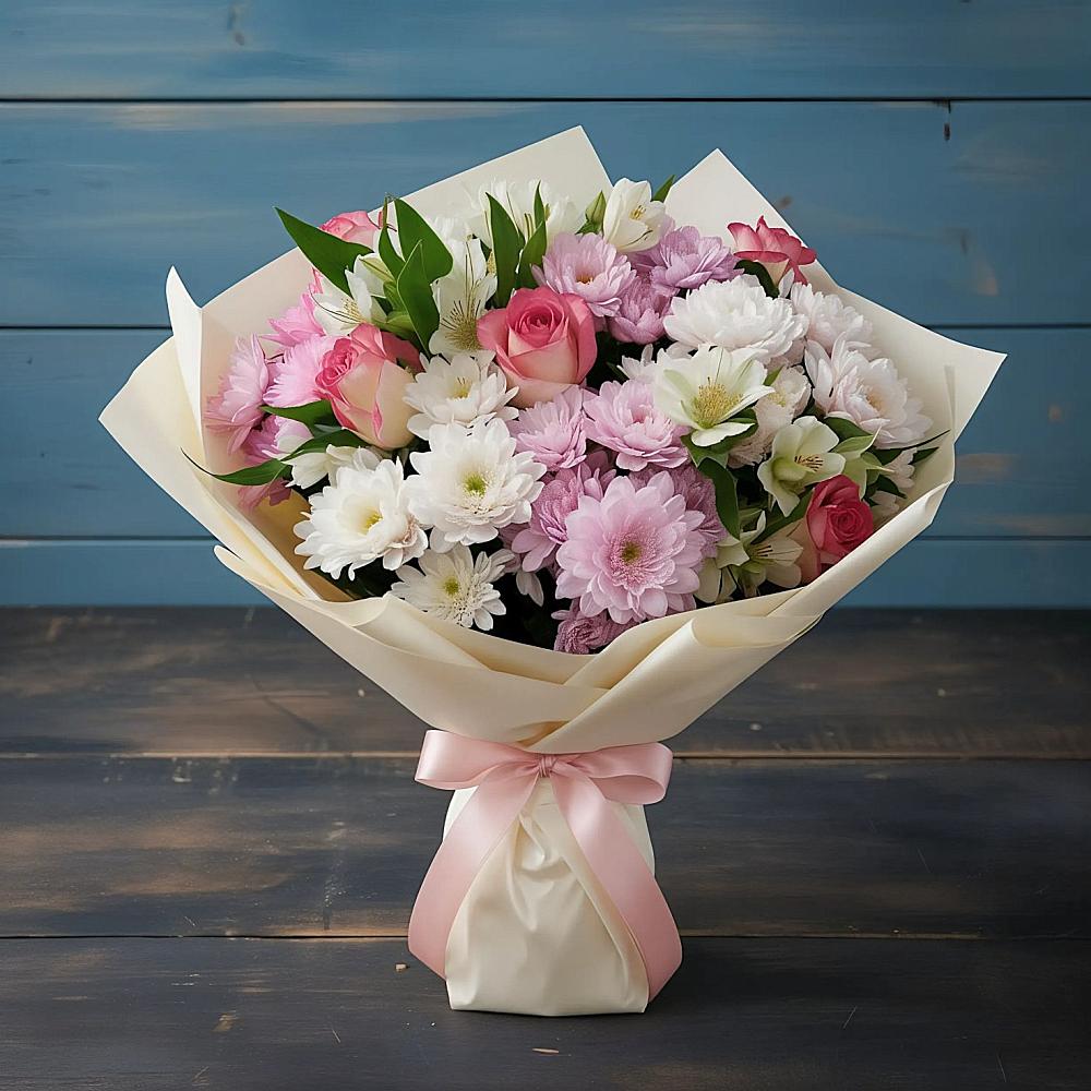 Букет цветов из: Хризантемы, Альстромерии и Розы в Поселке Учхоза Александрова